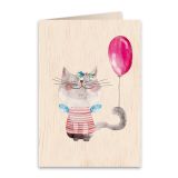 Wooden Greeting Card Pussycat and the Balloon 11x16cm