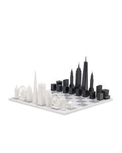 Skyline Chess - London vs New York Edition (Marble Board with Hatch design grey/white) 38x38x20cm