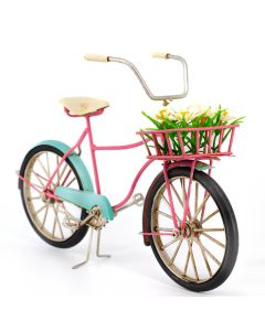 Bicycle with Flower Basket Metal Collectable - Blue and Pink 31x9x19cm