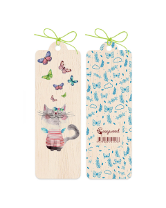 Wooden Bookmark Pussycat and Butterflies 4.5x14cm